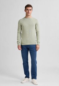 Hellgrünes langärmliges Strickoberteil mit einem Rundhalsausschnitt, kombiniert mit blauen Jeans und weißen Sneakern. Einfaches Design und taillierte Silhouette.