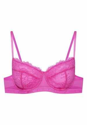 Pink lace bra with mesh cups, detailed floral pattern, adjustable straps, and a wide band featuring the brand name along the bottom.