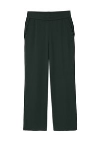 Dunkelgrüne, weit geschnittene Hose aus glatter Textur, mit elastischem Bund und seitlichen Taschen. Keine sichtbaren Muster oder Metallteile.
