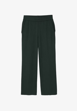 Pantaloni verde scuro a gamba ampia con una texture liscia, vita elastica e tasche laterali. Senza motivi visibili né dettagli in metallo.