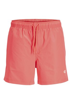 Koraalroze heren zwemshorts met een elastische tailleband, vooraan een trekkoord en een klein logo op het linkerbeen.