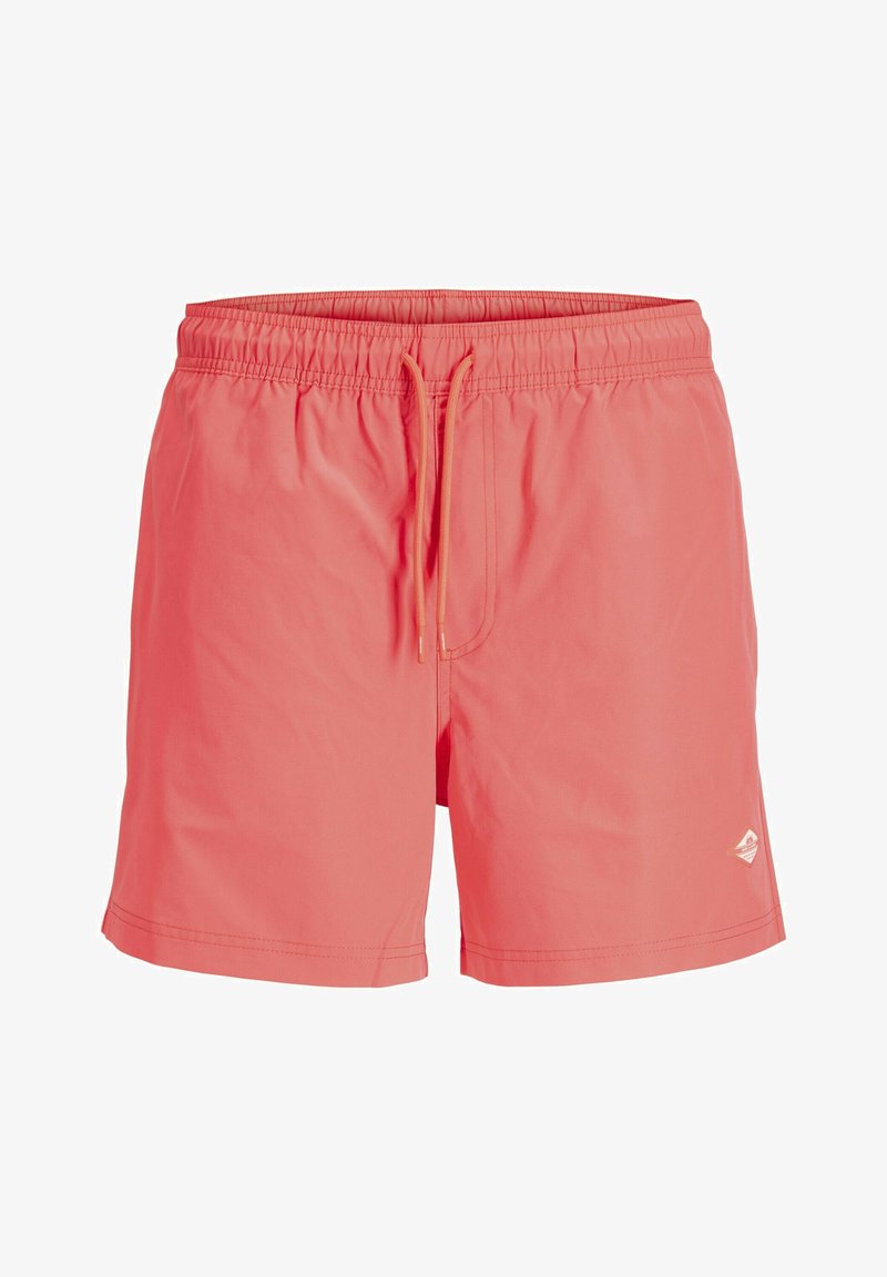 Shorts de bain pour homme couleur corail avec ceinture élastique, cordon de serrage à l'avant, et petit logo sur la jambe gauche.