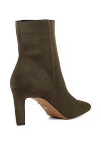 Dark olive green suede ankle boot with pointed toe and high block heel, viewed from the outer side on a white background.