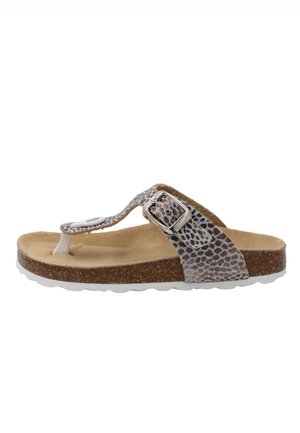 Sandale en simili cuir avec une semelle en liège marron clair, une bride grise à motifs, une boucle en métal argenté et une semelle extérieure en caoutchouc blanc.