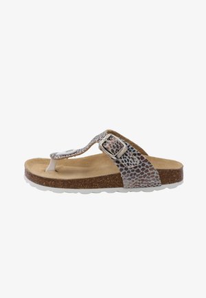 Sandale en simili cuir avec une semelle en liège marron clair, une bride grise à motifs, une boucle en métal argenté et une semelle extérieure en caoutchouc blanc.
