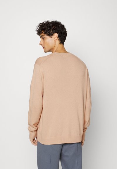 Sweater rosa claro com decote redondo, punhos e barra canelados. Textura de malha e mangas longas, exibido pela parte de trás.