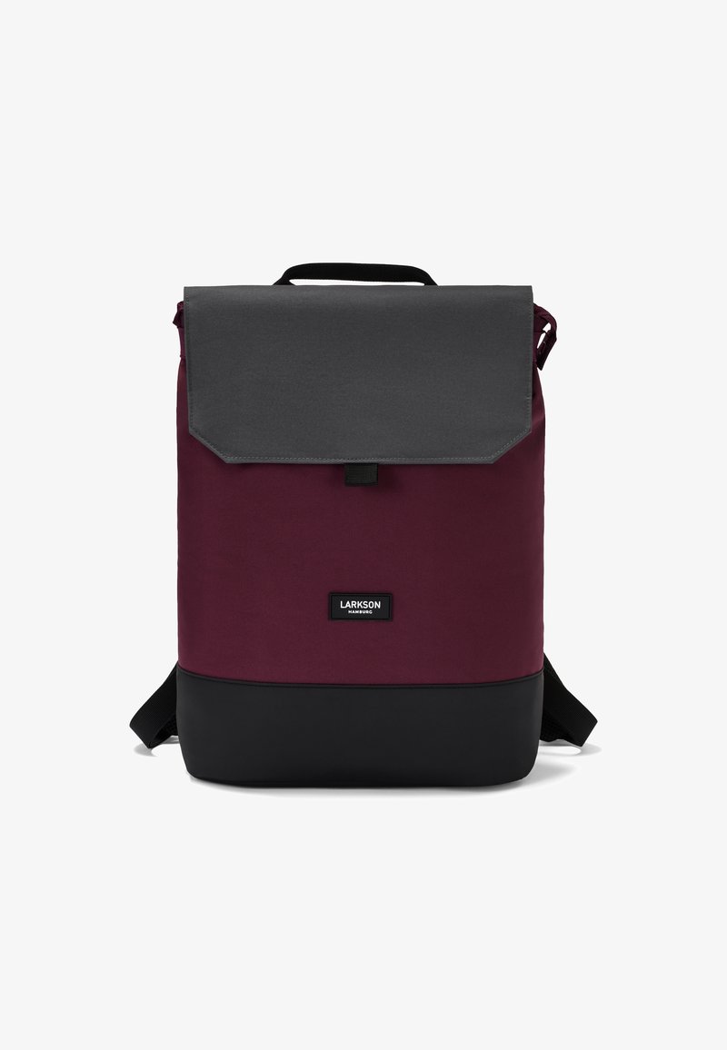 Backpack with dark gray top flap, burgundy body, black bottom, carrying handle, adjustable straps, and "LARKSON HAMBURG" label.