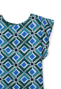 Top a maniche corte con un motivo geometrico nei toni di blu, verde acqua e verde, con dettagli neri e scollatura rotonda. Tessuto morbido al tatto.