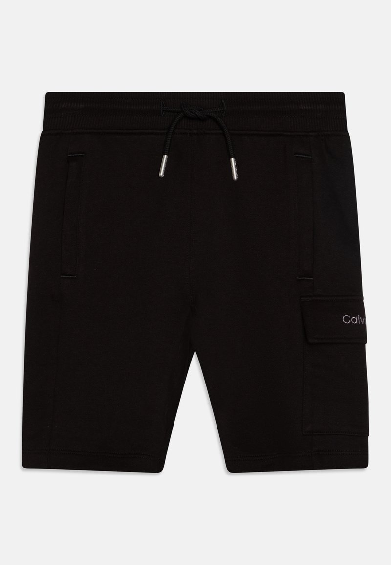 Μαύρες βαμβακερές βερμούδες με ελαστική μέση και κορδόνι. Διαθέτουν πλαϊνές τσέπες και μια τσέπη cargo με το λογότυπο "Calvin" σε γκρί.
