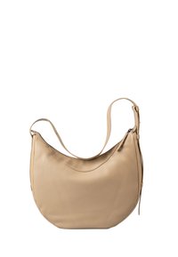 Borsa a tracolla in pelle beige con una forma morbida e arrotondata e una singola tracolla regolabile. Presenta una cerniera nascosta per una chiusura sicura.