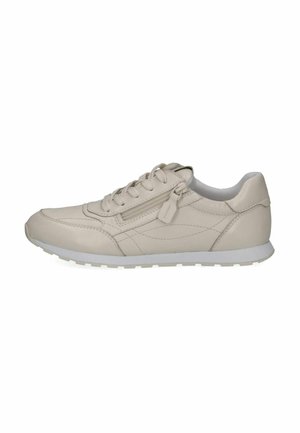 Beige low-top sneaker with lace-up front, side zipper, and white rubber sole, shown from outer side.