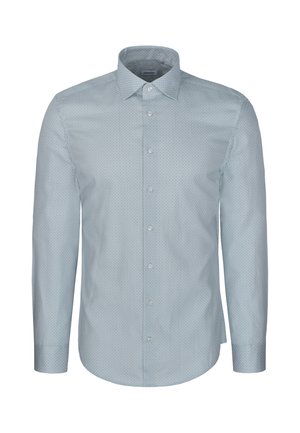 Hellblaues Hemd mit langen Ärmeln, kleinem Punktmuster, Knopfleiste vorne und klassischem Kragen.