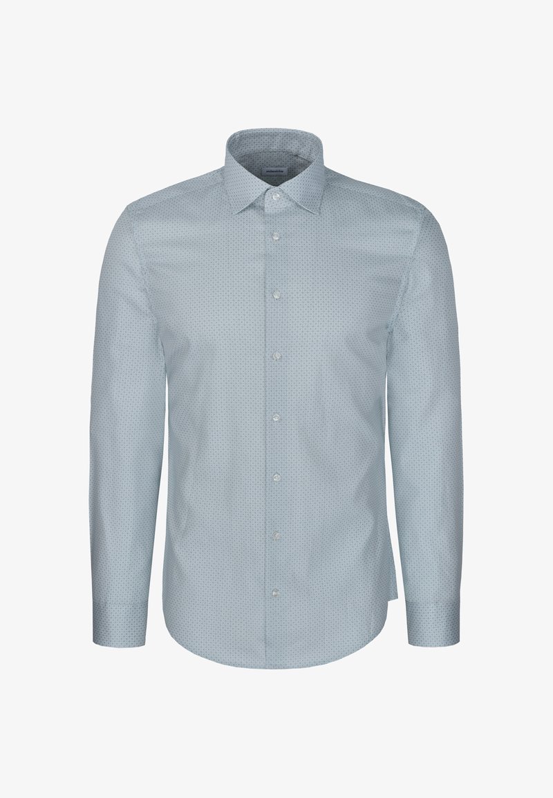 Chemise bleu clair à manches longues avec petit motif à pois, fermeture boutonnée à l'avant et col classique.