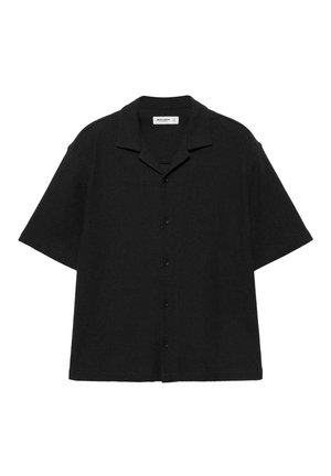 Čierna krátky rukáv košeľa na zapínanie na gombíky s kempovým golierom, textúrovanou tkaninou a voľným strihom.