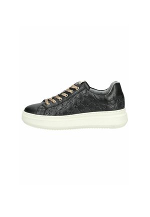 Black sneaker made of textured leather, featuring a thick white sole, gold-toned laces, and a subtle embossed pattern on the upper.