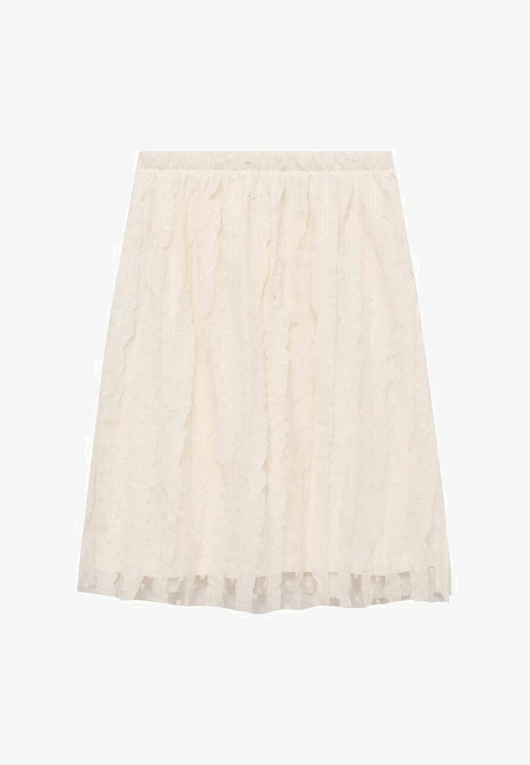 Gonna color crema arricciata con una vita elastica, realizzata in un tessuto leggero e testurizzato che aggiunge dimensione ed eleganza sottile.