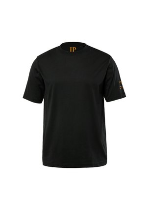Zwarte korte mouwen T-shirt van katoen. Heeft een ronde hals en een oranje logo op de kraag en een klein ontwerp op de mouw.