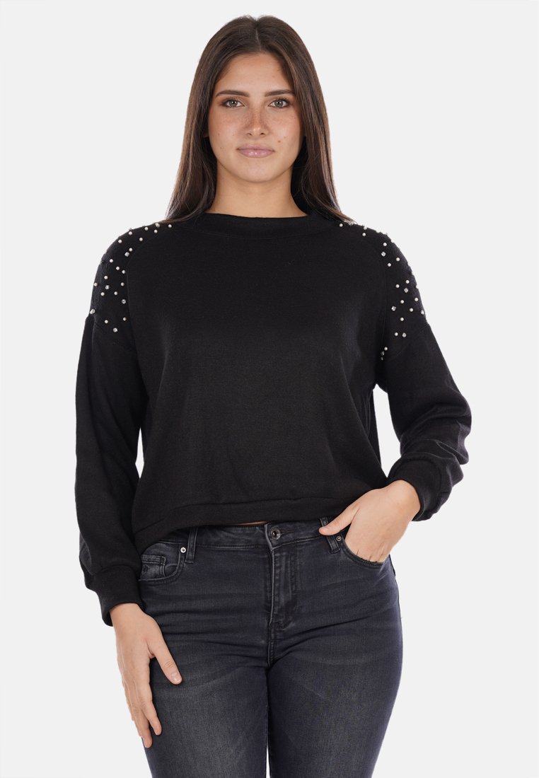 Felpa nera con maniche lunghe, scollo rotondo e dettagli decorativi sulle spalle. Tessuto morbido, vestibilità rilassata con un design cropped.