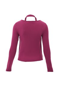 Bluzka z długim rękawem w głębokim odcieniu magenty, z okrągłym dekoltem i wycięciem z tyłu. Wykonana z miękkiej, teksturowanej tkaniny.