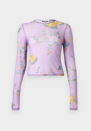 Top in mesh trasparente a maniche lunghe color lavanda con stampa floreale multicolore e limoni, scollo tondo e silhouette aderente di Moschino Jeans.