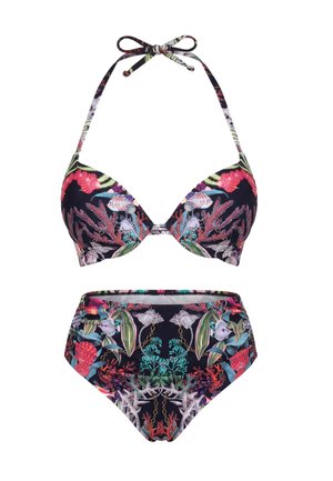 Dwuczęściowy bikini na czarnym tle z kolorowymi wzorami rafy koralowej i ryb, z topem na szyi i majtkami z wysokim stanem.