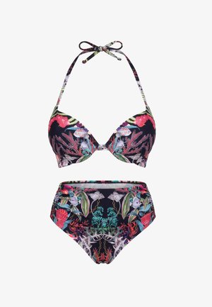 Dwuczęściowy bikini na czarnym tle z kolorowymi wzorami rafy koralowej i ryb, z topem na szyi i majtkami z wysokim stanem.