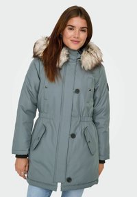 Una parka grigia con cappuccio bordato in pelliccia, dotata di due tasche anteriori, chiusura a bottone e vita regolabile per una silhouette aderente.