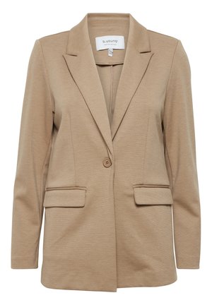 Beige blazer med slagkrage och enknappsstängning. Har två framfickor och långa ärmar. Slät, lättviktsmaterial.
