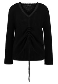 Maglione nero con maniche lunghe, scollo a V e rifinitura in pizzo. Presenta un dettaglio arricciato sul davanti e coulisse all&#x27;orlo. Tessuto a maglia strutturata.