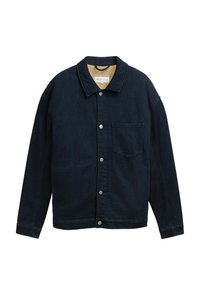 Dunkle Jeansjacke mit Kragen, Knopfleiste vorne, einer Brusttasche und einem strukturierten, hellbraunen Innenfutter. Verfügt über eine lockere Passform.