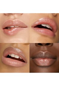 Fyra nagellacksnärbilder som visar olika nyanser av glänsande nudefärger med släta texturer, som framhäver naturliga läppkonturer och mjuk lyster.