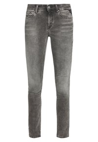 Vaqueros gris claro de corte slim, con cierre delantero de botón y cremallera, pasadores para cinturón y diseño de cinco bolsillos.