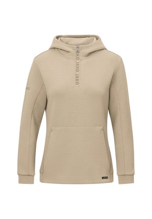 Beige Kapuzenpullover aus weichem Stoff mit einem Frontreißverschluss, Kängurutasche und einem gestickten Logo auf dem Ärmel. Glatte Textur, lange Ärmel.