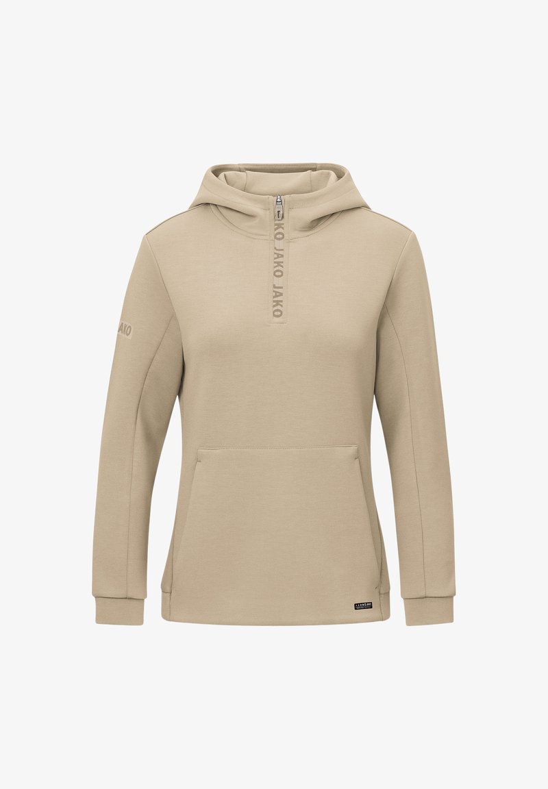 Felpa beige realizzata in tessuto morbido, con zip frontale, tasca a marsupio e logo ricamato sul manica. Tessuto liscio, maniche lunghe.