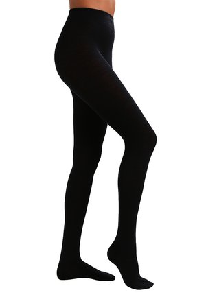 Black opaque tights with a smooth texture, high waistband, and seamless design, extending from waist to toes. Suitable for various outfits.