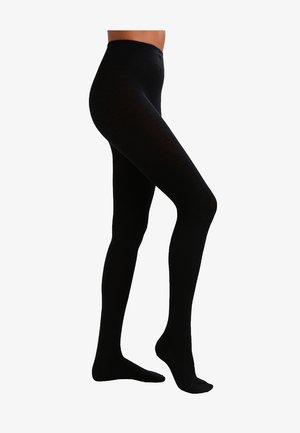 Black opaque tights with a smooth texture, high waistband, and seamless design, extending from waist to toes. Suitable for various outfits.