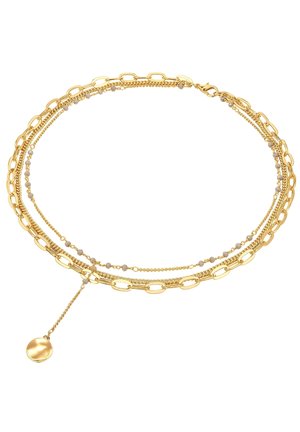 Kuldne mitme kihiga kaelakee, mis sisaldab ovaalseid linke, delikaatseid ketti ja väikeseid helmeid; sisaldab ka pendelit ketil.