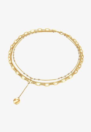 Kuldne mitme kihiga kaelakee, mis sisaldab ovaalseid linke, delikaatseid ketti ja väikeseid helmeid; sisaldab ka pendelit ketil.