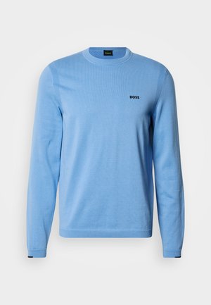 Jasnoniebieski sweter wykonany z miękkiego dzianinowego materiału, z okrągłym dekoltem, długimi rękawami oraz małym czarnym logo na piersi.