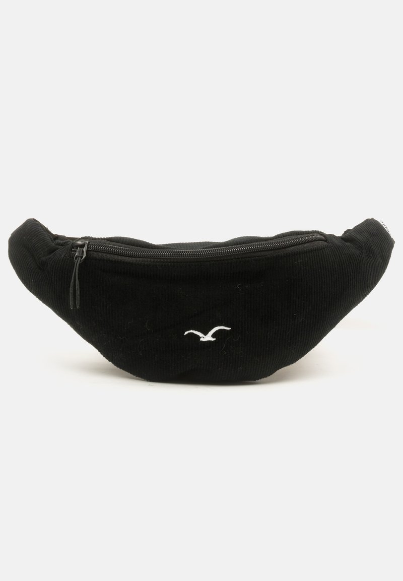 Schwarze Cord-Gürteltasche mit oberem Reißverschluss und kleinem weißem Vogel-Logo mittig auf der Vorderseite.