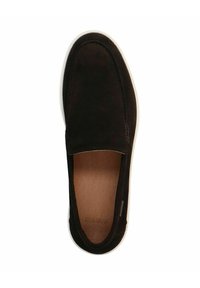 Black suede slip-on shoe with a white rubber sole. Features a rounded toe and smooth texture. Interior has a tan footbed with logo embossing.