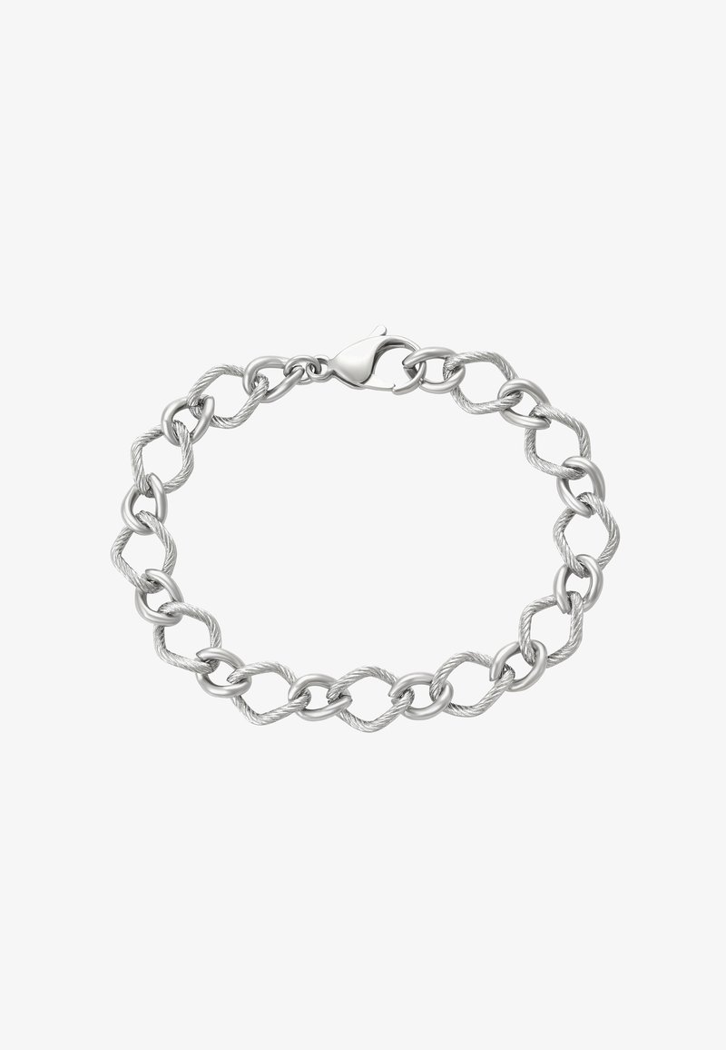 Sidabrinis apyrankė su pakaitiniais lygiais ovaliais ir tekstūruotais stačiakampiais grandinėlės jungtimis, užsegama homariniu užtrauktuku.