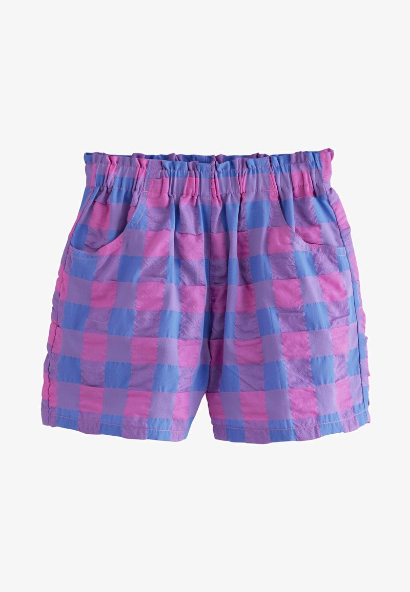 Multicolored shorts in a checkered pattern with pink and lavender squares. Features an elastic waistband and two side pockets.