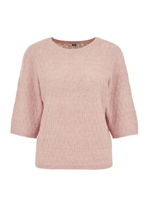 Pull tricoté rose clair avec un col rond, des manches courtes et une texture à motif losange sur toute la surface. Poignets et ourlet côtelés.