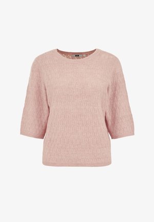 Světlounce růžový pletený svetr s kulatým výstřihem, krátkými rukávy a texturou s diamantovým vzorem po celém povrchu. Žebrované manžety a lem.