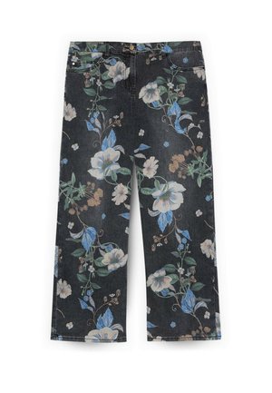 Pantaloni in denim neri a gamba larga, con una stampa floreale su tutta la superficie nelle tonalità di blu, bianco, verde e beige.