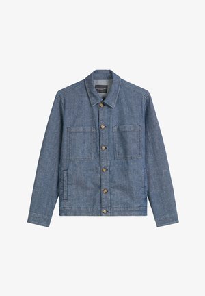 Blauwe spijkerjack met een kraaghalslijn, voorkant met knoopsluiting, twee borstzakken en zijzakken met een split. Heeft een gestructureerde stof.