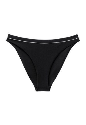 Bas de bikini noirs avec une coupe taille basse et un fin liseré blanc le long de la ceinture, sur fond blanc.