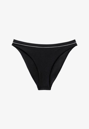 Bas de bikini noirs avec une coupe taille basse et un fin liseré blanc le long de la ceinture, sur fond blanc.