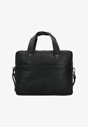 Schwarze Ledertasche mit doppelten oberen Griffen, einem abnehmbaren Schultergurt, einer Vordertasche und einfacher Naht für ein elegantes, minimalistisches Design.